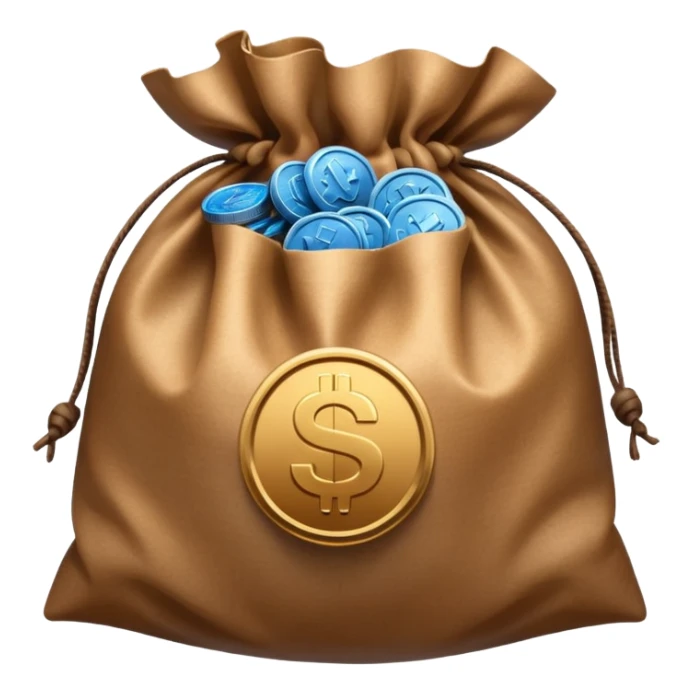 blue coins inside an opened brown money bag  sticker