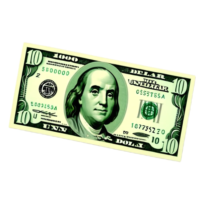 3D realistic US 100 dollar bill sticker, slight perspective, centered, clean cutout, transparent background, no text, no watermark sticker