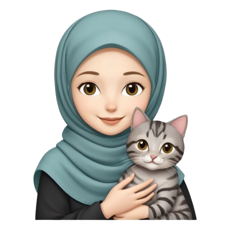 White girl wearing pretty hijab holding a black grey tabby cat while smiling sticker