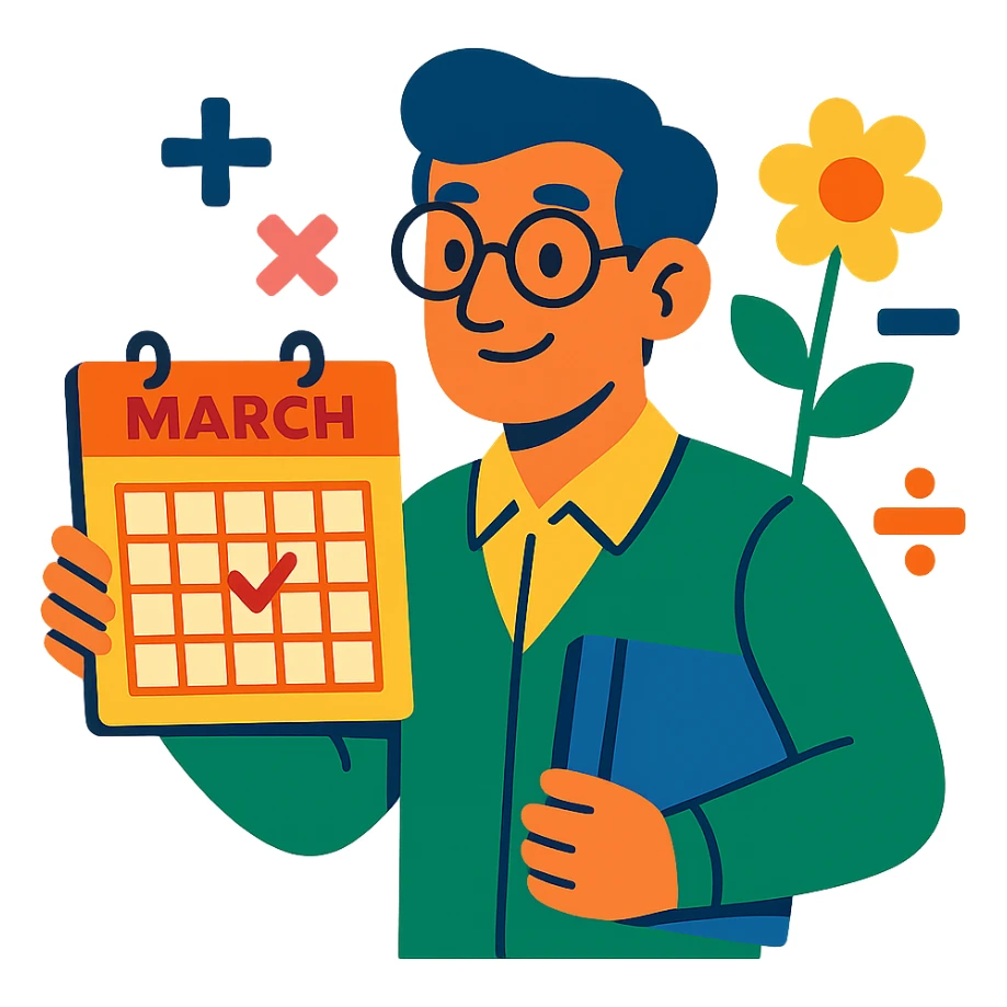 math teacher character with a March calendar, math symbols, and springtime colors sticker