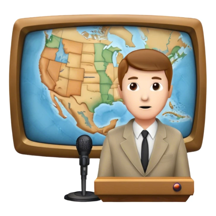 Icon for Documentary Film (TV style): A large TV screen with a serious-looking host standing in front of a map. The host holds a microphone, and the map displays historical or geographical information. Retro TV broadcast style. Transparent background. sticker