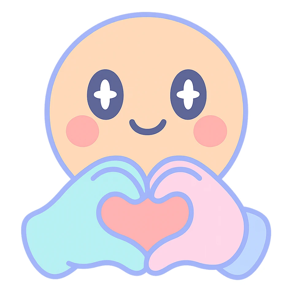smiling face with two hands gesturing a heart sticker