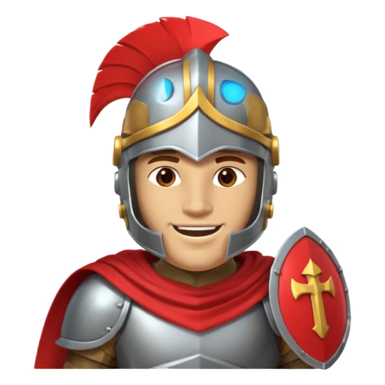 A friendly Trojan warrior mascot with a large cartoon-style head, wearing a silver helmet with a red crest and black cheek guards.  confident smile. The character wears dark armor with metallic details and a WITH yellow cape.  sticker