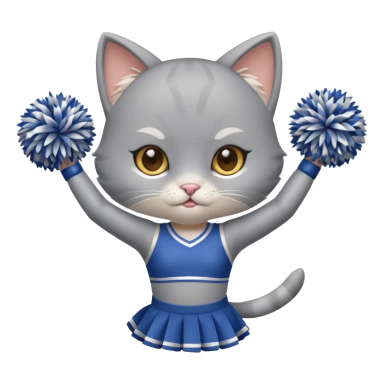 A cute chibi sleek grey cat cheerleader twirling pom-poms with confident energy. sticker