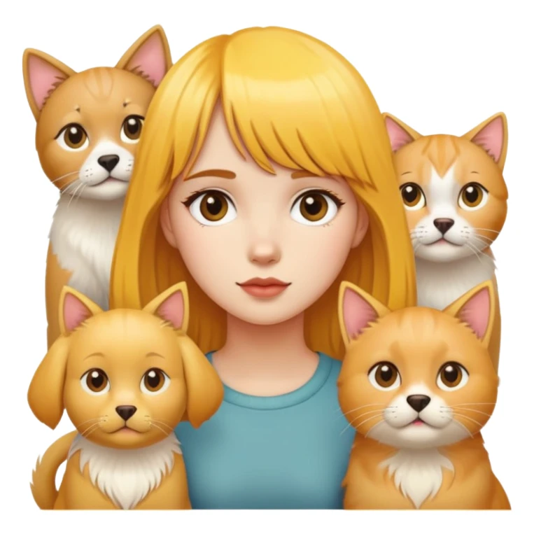 Girl with yellow bangs surrounded by golden retriever and three cats sticker