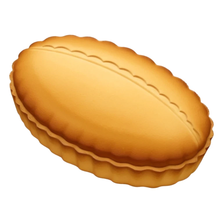 A madeleine pastry. Scalloped oval seashell shape with ONLY four to five vertical lines going in the same direction. Light golden brown. Scalloped edge. Cookie. Flat. Long. Oval shape. Lets scallops. sticker