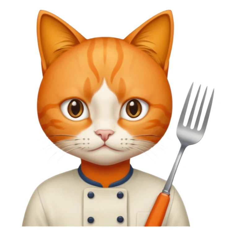 can with fork and knife, staring at orange cat sticker