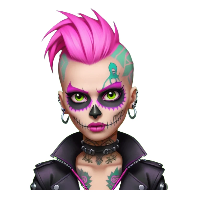 Cyberpunk female punk, pink mohawk, skull face tattoos, bionic neck, aggressive expression, neon green lighting sticker