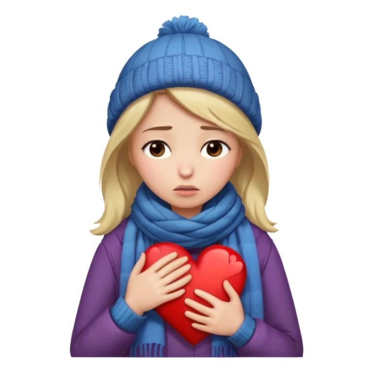 woman broken hearted, shedding a tear, looking down sad holding her heart breaking, wearing a winter outfit sticker