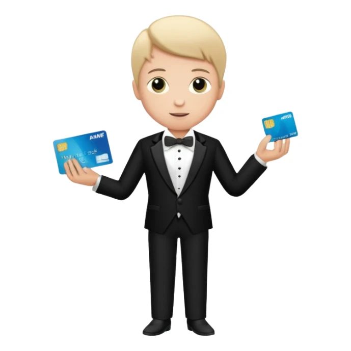 make a genmoji of a boy with a an amex card in hand and wearing a tux sticker