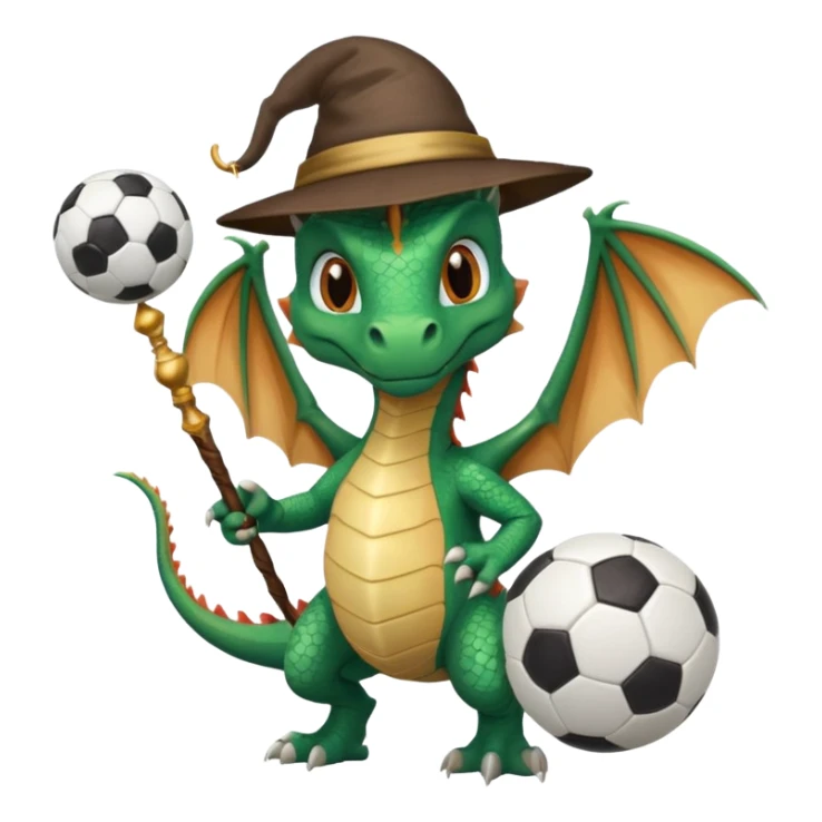 ein Drache mit einem Zauberstab in der Hand  und einem Hud  auf dem kopf und ein Fussball in der anderen hand sticker