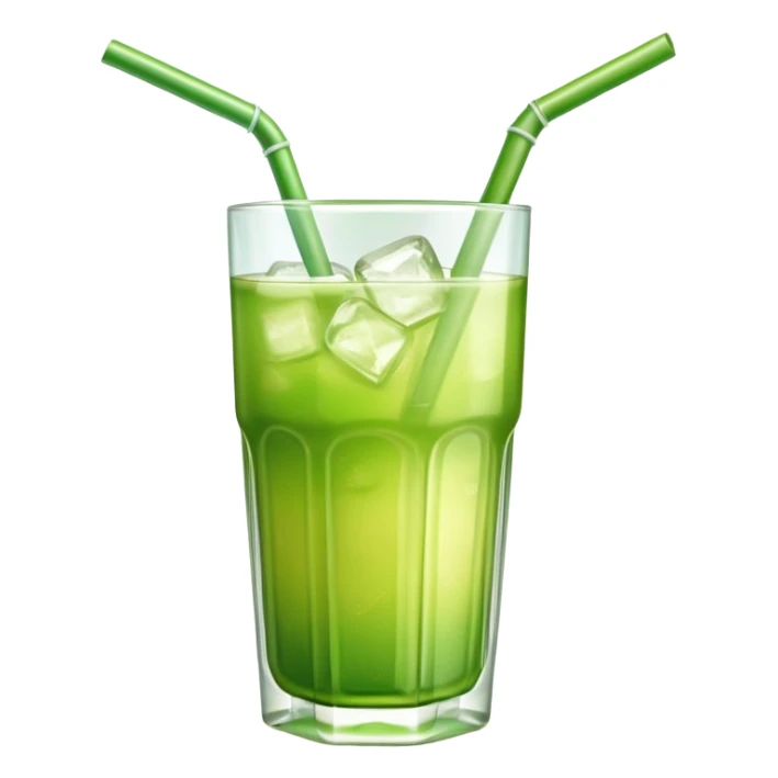 Glass of fresh sugarcane juice with ice cubes, light green liquid, a straw, refreshing beverage sticker