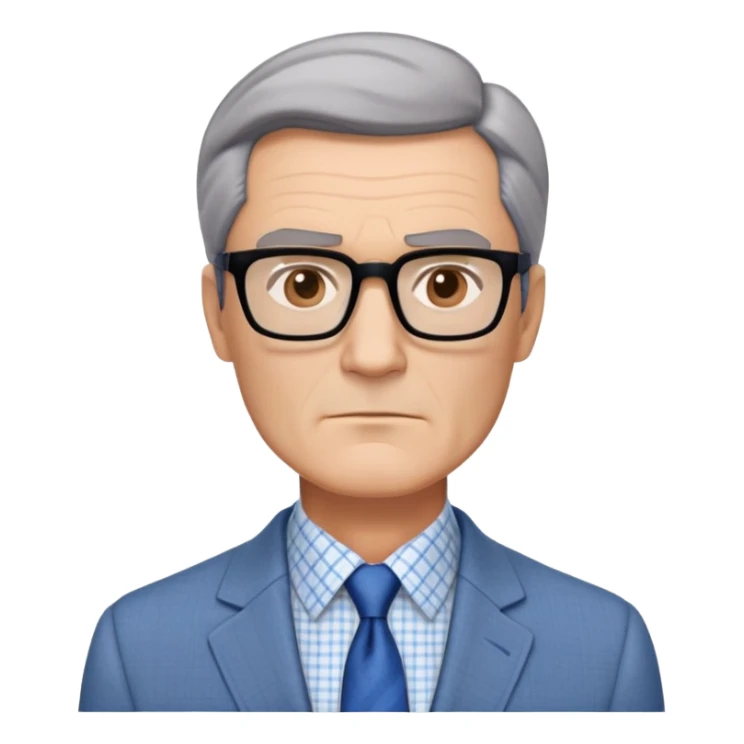 Middle-aged man around 50 with oversized square jawline that's broader than his forehead. Large dark square-framed glasses, short straight hair with subtle graying and side part. Serious expression. Light gray blazer, white button-up shirt with blue checkered pattern. sticker