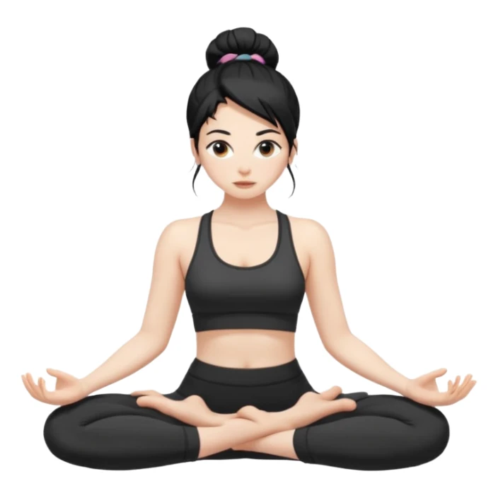 white girl with black long hair in a messy bun doing yoga sticker