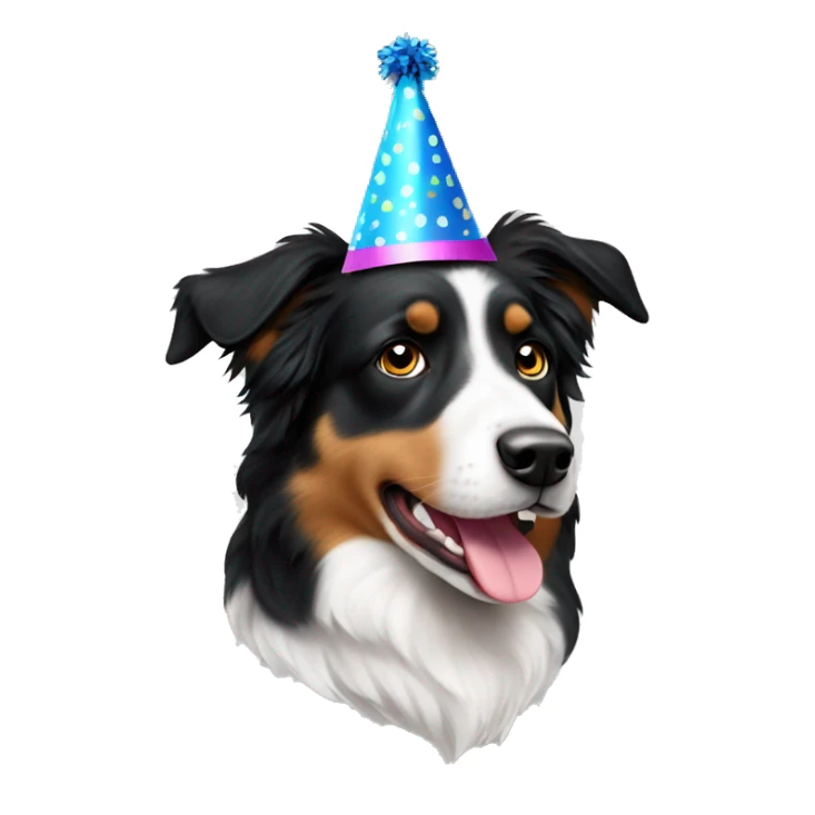 Black and white Australian Shepherd dog wearing a party hat sticker