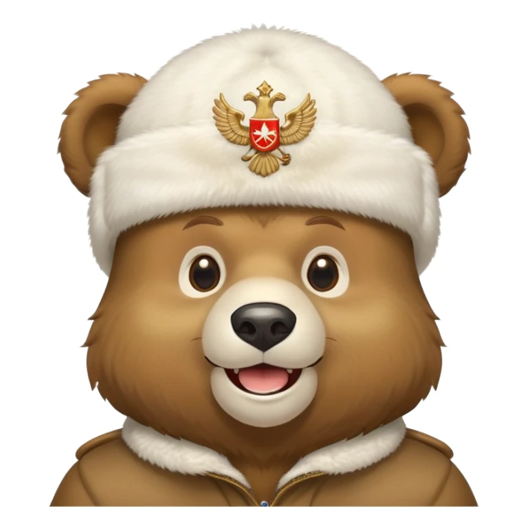 Cartoon Russian bear head wearing white furry ushanka with double-headed eagle emblem centered on the hat, iOS emoji style sticker