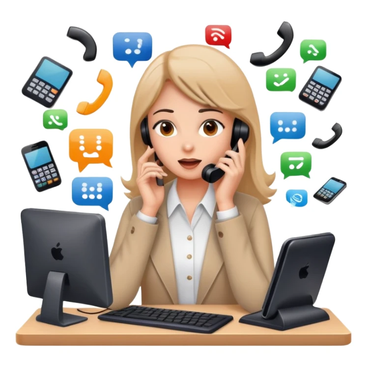 busy girl with a lot of phone calls and work, computer sticker