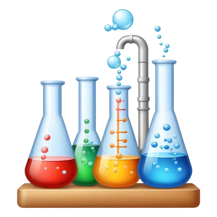 An icon featuring laboratory flasks with tubes, symbolizing chemistry. The design includes liquid and powder substances, a chemical reaction with bubbles, and molecular formulas, representing chemical processes like hydrolysis. Transparent background sticker
