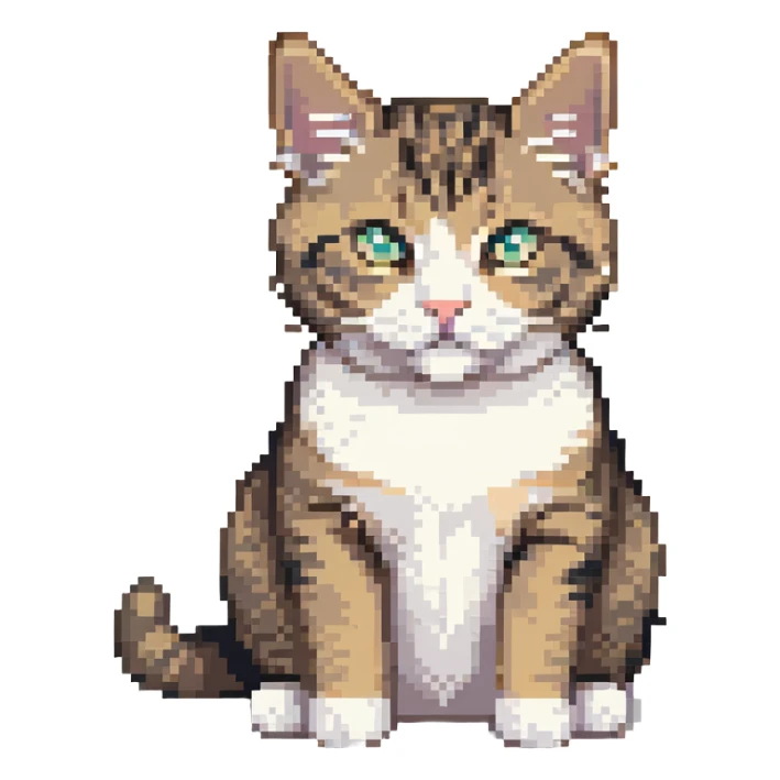 Cute tabby cat with white stomach, pixelated style, sitting to show white belly sticker