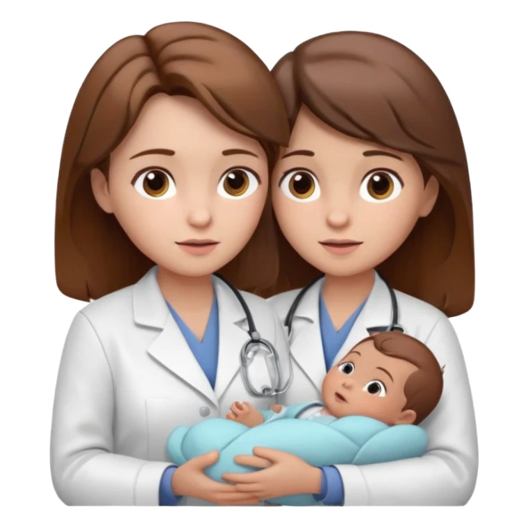 Show a nurse in a white coat, attending to a baby, with a light expression and soft detail typical of modern emojis. The scene should have a clean look, with subtle shadows and soft contours, brown hair, maintaining the 3D cartoon style used in iOS emojis.  sticker