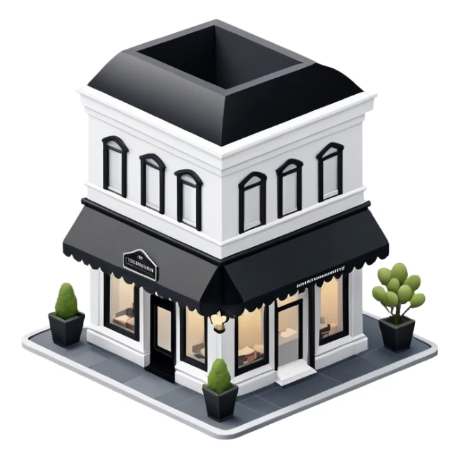 Isometric exterior little black and white fancy modern steakhouse restaurant dollhouse style 3D realistic  sticker