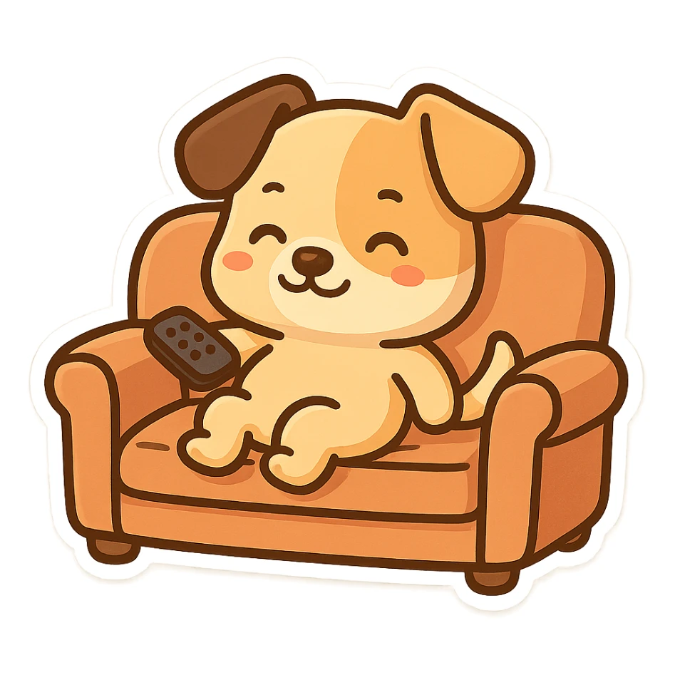 a cartoon dog with a remote, lounging on a sofa, fun and friendly style, cute and playful sticker