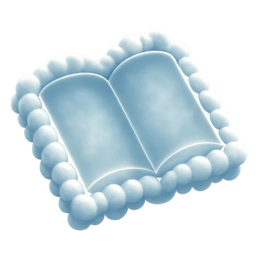 top view of a thick open book made entirely of small, very bright white fluffy convex clouds, matte glass style sticker