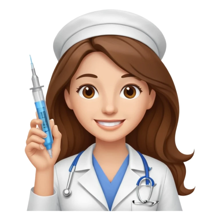 Enfermera feliz con pelo largo cafe y una inyeccion sticker