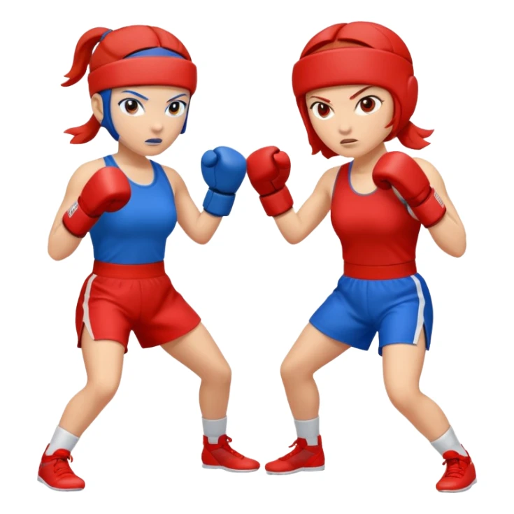 two women sparring, one in blue and one in red sticker