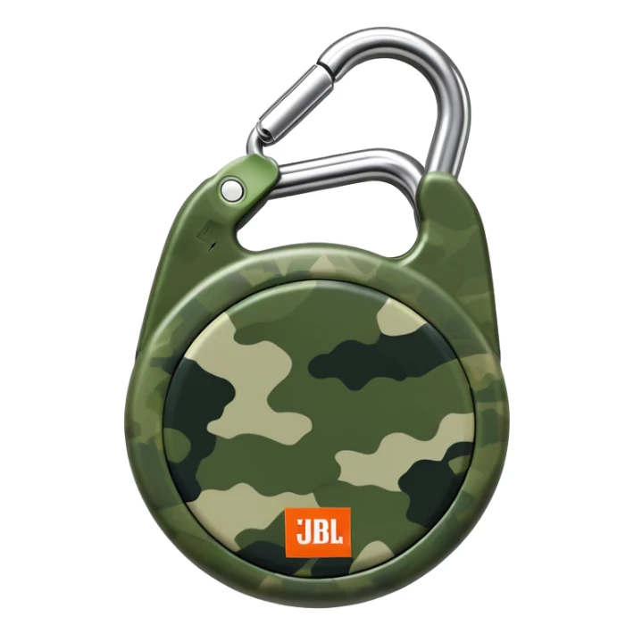 Minimal JBL Clip 4 with proper circular form, carabiner clip, green camouflage, and JBL branding visible, iOS emoji style sticker