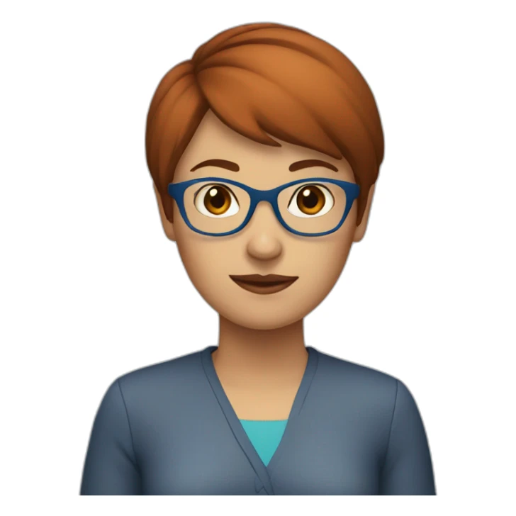 middle woman, brown red short hair, blue glasses sticker