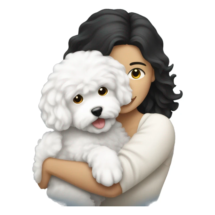 a long black-haired white woman hugging her bichon puppy sticker