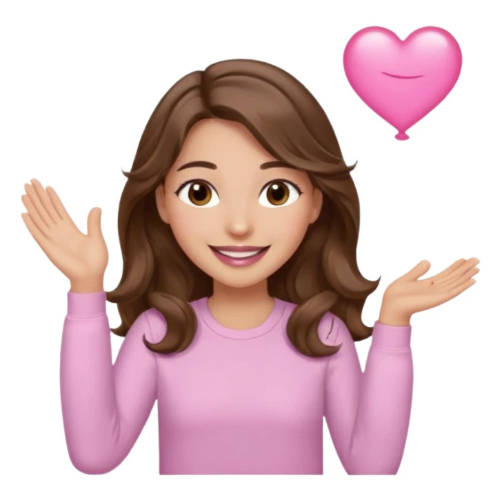 girl with wavy long brown hair, brown eyes, light to medium complexion, long lashes, light pink lipstick, smiling, wearing light pink shirt, clapping sticker