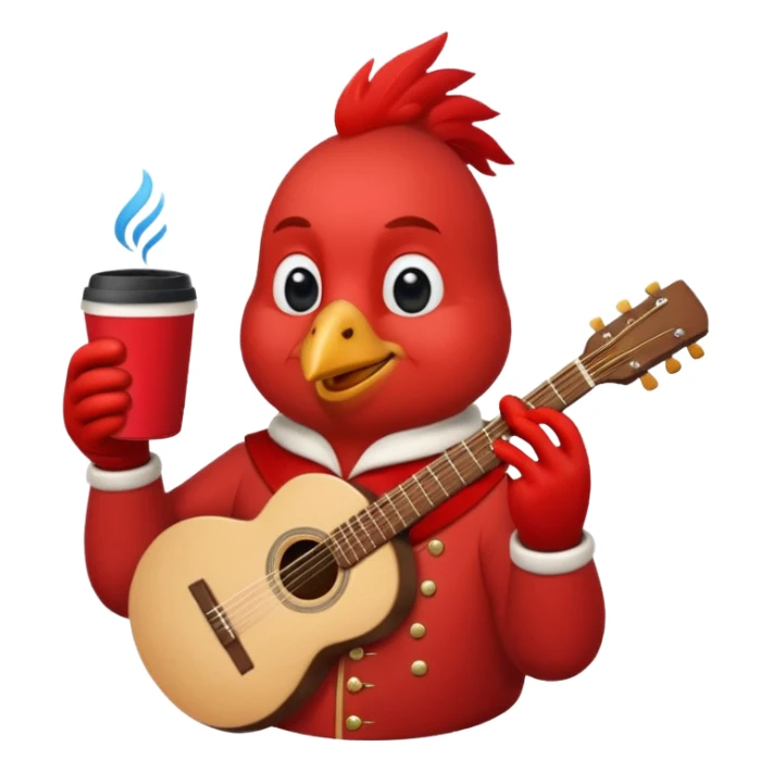 Happy cardinal with guitar and a cup of coffee sticker