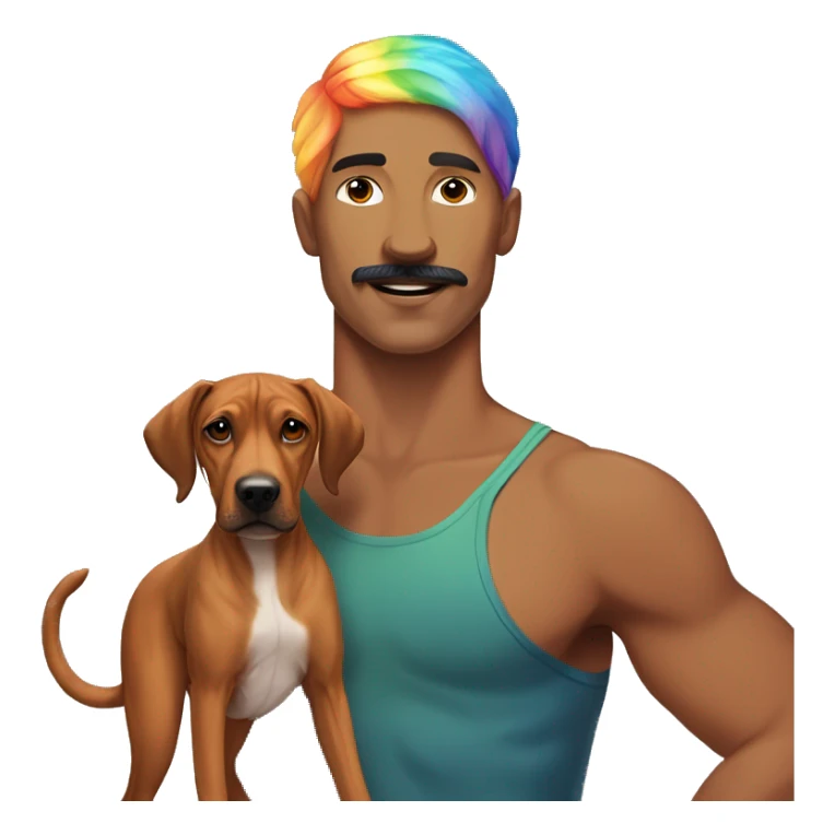 white male with rainbow colored hair and a curled mustache standing alongside a brown rhodesian ridgeback dog sticker