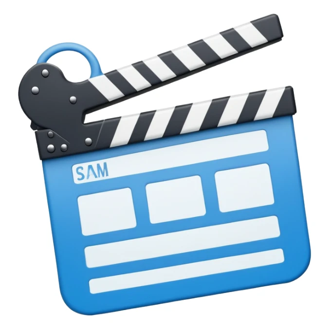 ultra simplified movie clapper with blue and white colors, two simple rectangles with a diagonal line sticker