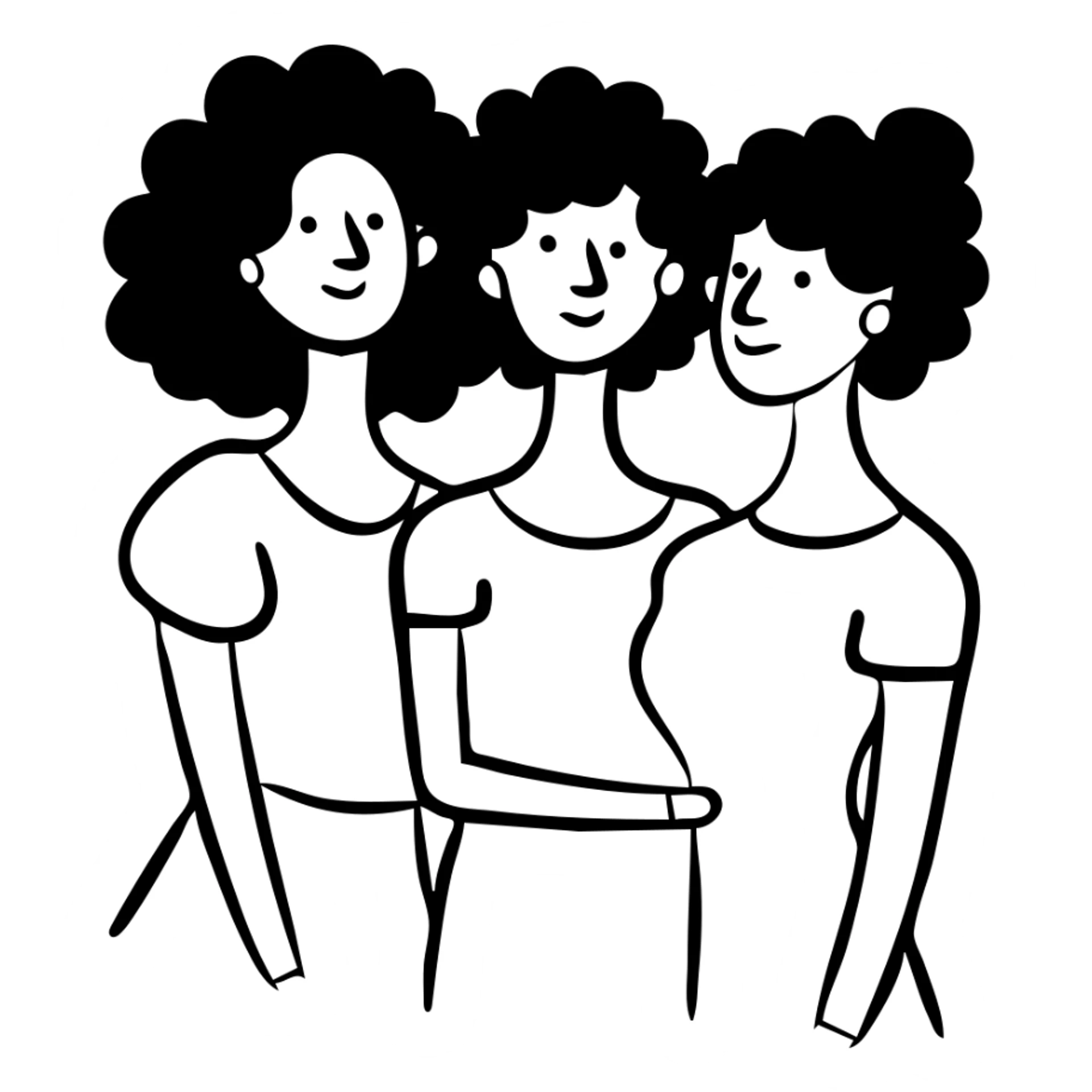 Three women with curly hair standing together, two with shoulder-length black curly hair and one with short black curly hair sticker