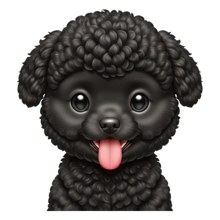 A high-resolution square-format digital illustration of a black toy poodle puppy in a clean, emoji-inspired semi-realistic style. The poodle is shown from the chest up, facing forward with a slight tilt of the head to the left, tongue out playfully. sticker