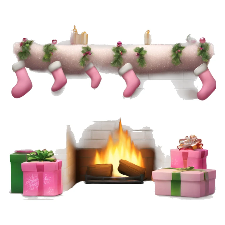 A cozy white brick fireplace with pink Christmas decor sticker
