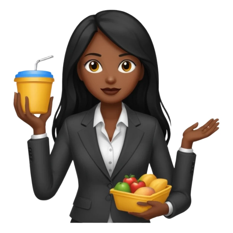 dark long haired woman with suit holding food container sticker