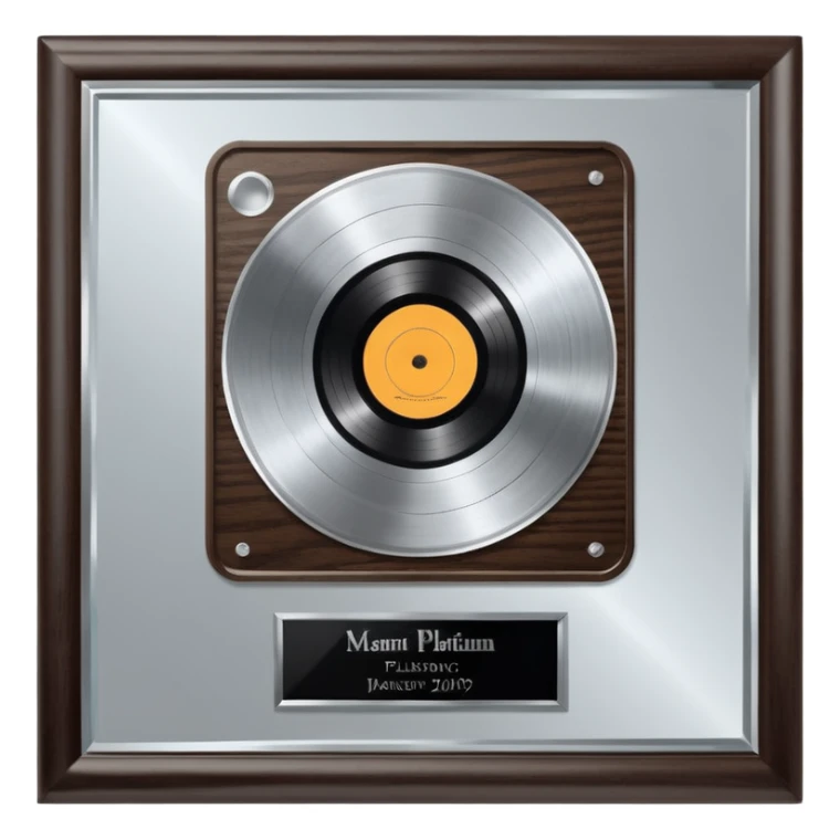 A platinum music award plaque: a square, polished platinum plate with a subtly textured, mirror-like finish, mounted on a simple dark wood base. The center features a relief of a or stylized vinyl record in a slightly darker metallic tone.  sticker