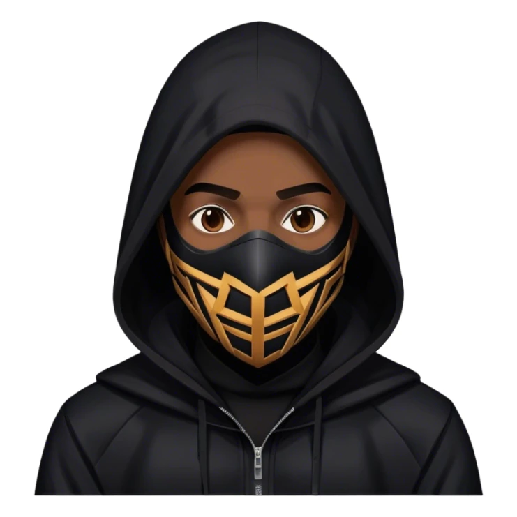 man with black hooded jacket and a full black full-face geometric mask sticker