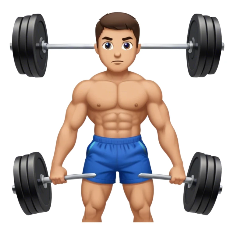 brunette buff man with blue shorts barbell-shrugs sticker