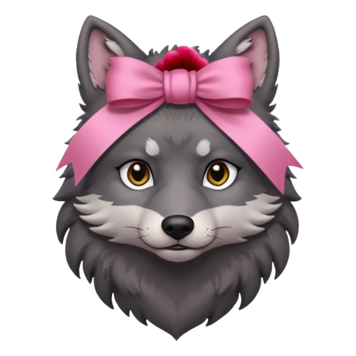 sad 🥺 cute dark grey wolf with a pink ribbon ion his head sticker