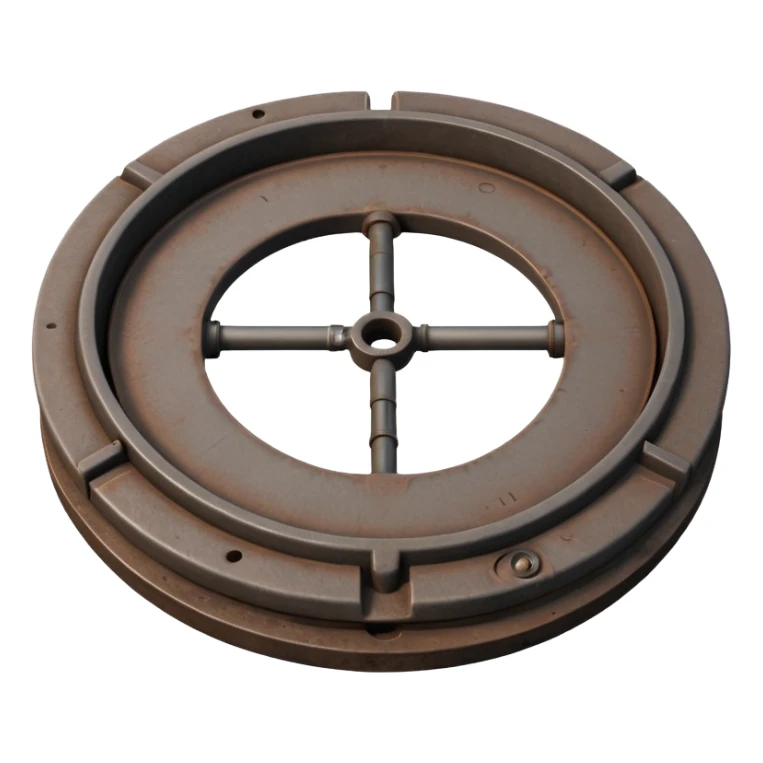 3D illustration of a manhole cover half-open with pipe access visible below, clean Pixar-like rendering, subtle shadows, slightly industrial look, not scary sticker