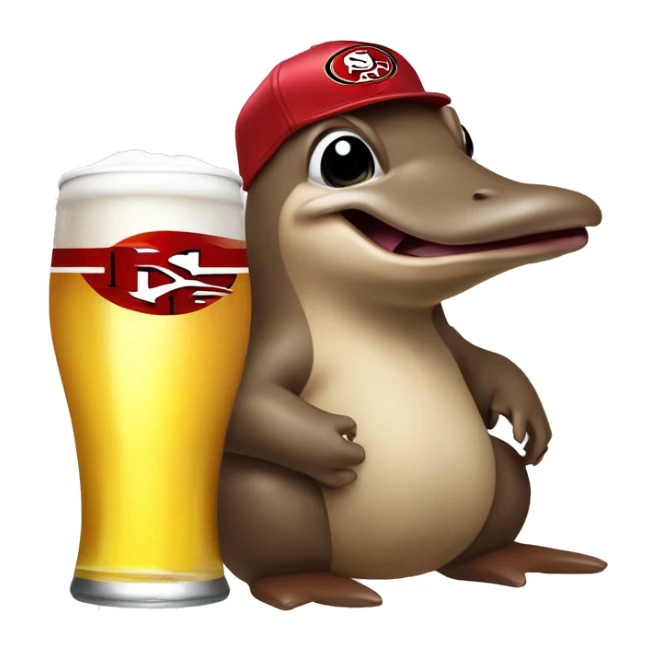 platypus in a 49ers cap holding a white beer can that says “happy dad” sticker
