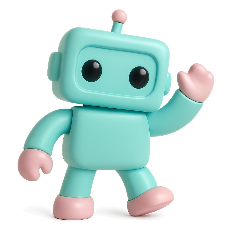 robot with boxy body and round eyes, vinyl figure style, shiny surface, playful pose, simple background sticker