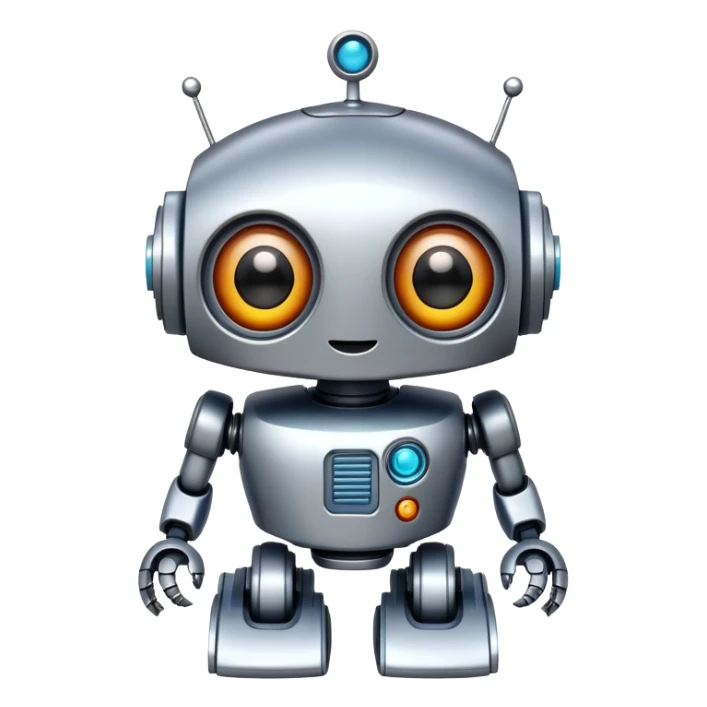 A toy robot with big eyes and a happy expression sticker