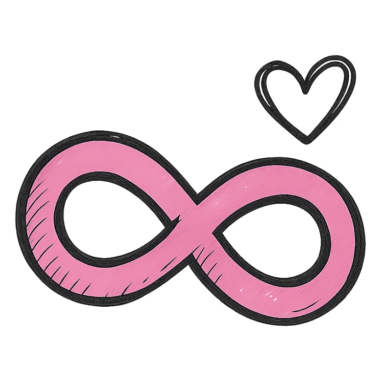 hand-drawn style pink infinity symbol with clear bold outlines, stylized shadows and highlights, with a simple heart shape next to the infinity symbol sticker