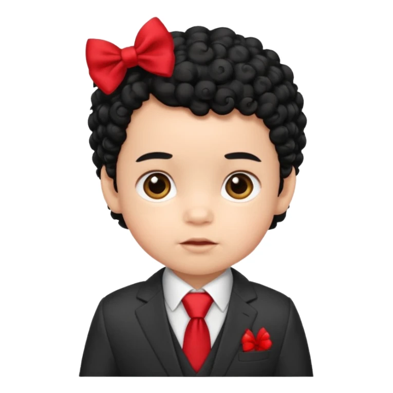 baby boy curly black hair in suit, with red bow sticker